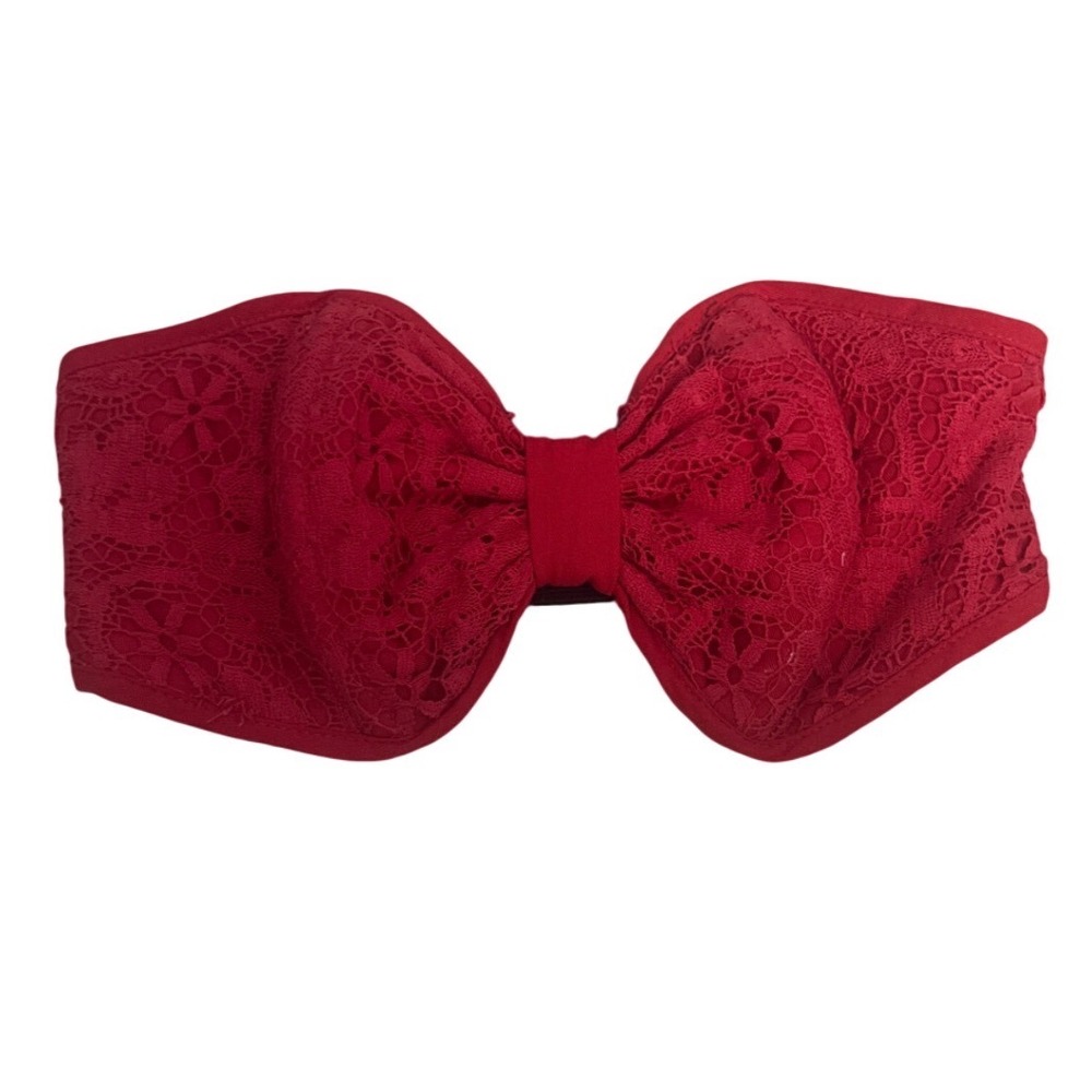 Fire Los Angeles Womens Red Floral Lace Bow Bandeau Strapless Crop Top Small